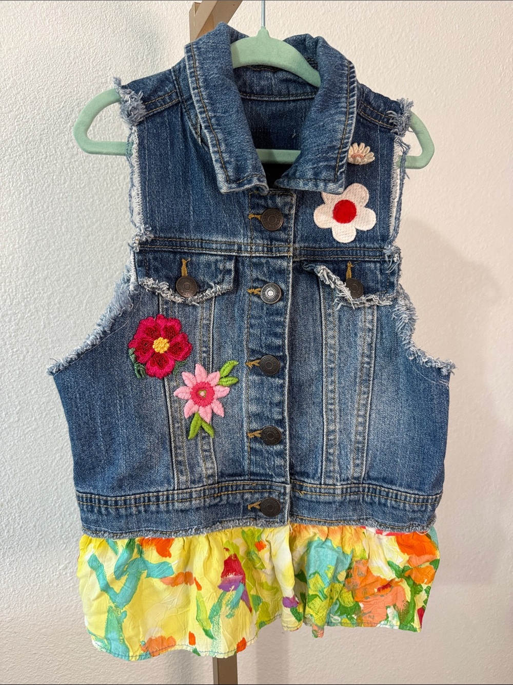 Girls' Denim Floral Embroidered Vest with Yellow Floral Hem